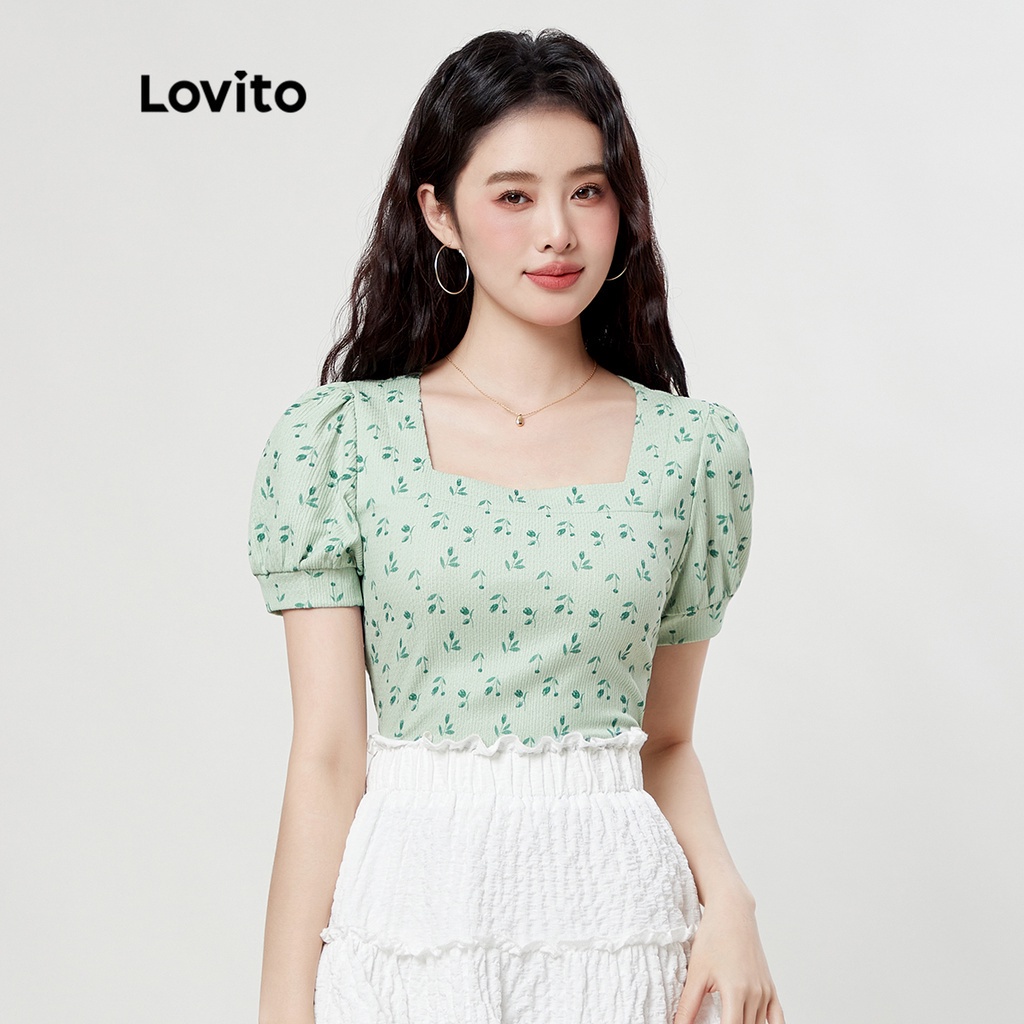 Áo thun nữ Lovito cổ vuông in hoa giản dị L33ED008 (Xanh nhạt)