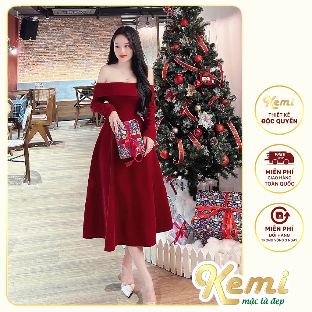 Váy thiết kế đầm nhung đen trễ vai tay day dài váy xòe dưới gối dáng váy chữ A Kemi