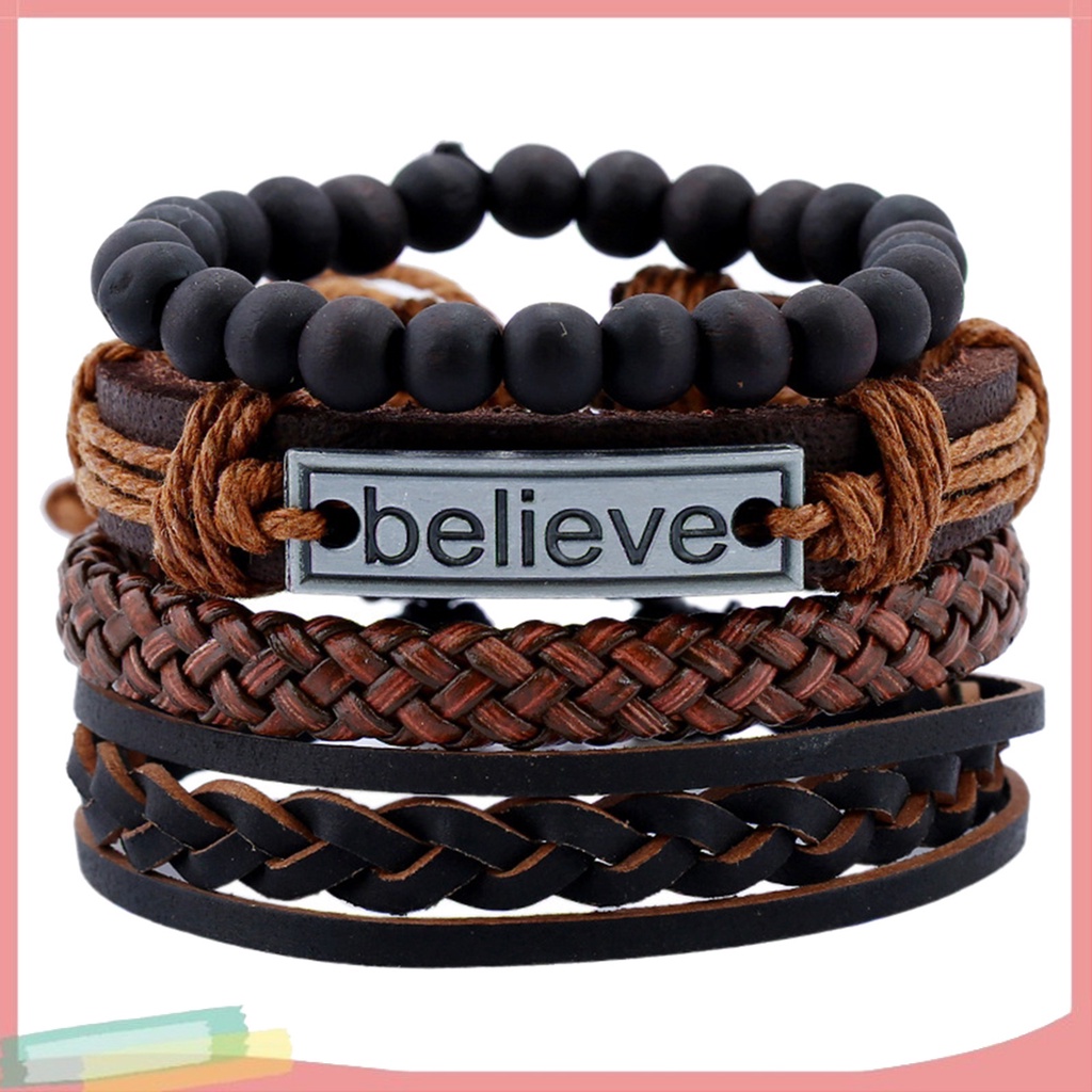 Set 4 vòng tay bện dây giả da thời trang cho nam