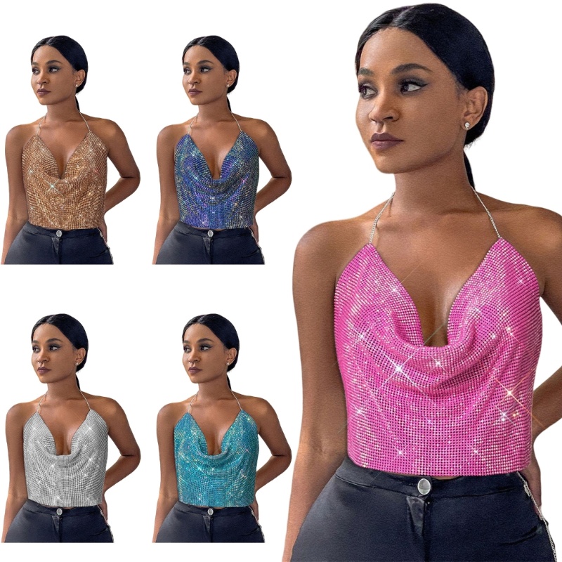 Áo Croptop Hai Dây Cổ Chữ V Khoét Sâu Đính Kim Sa Lấp Lánh Gợi Cảm Cho Nữ
