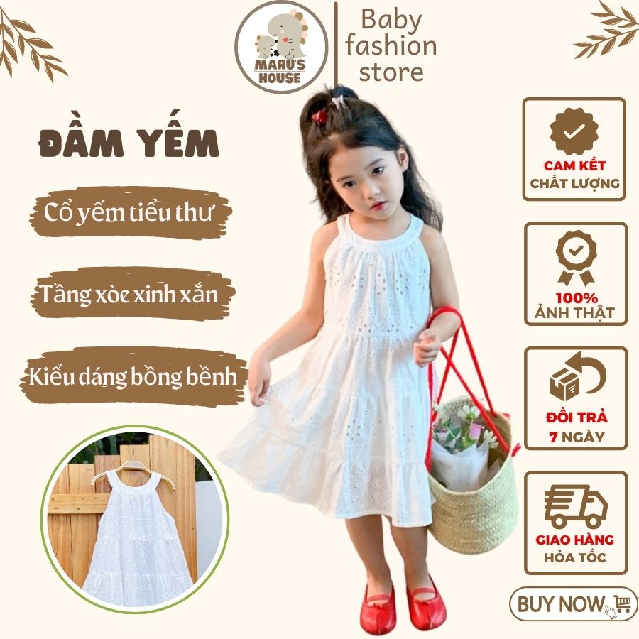 Đầm trắng bé gái dáng yếm tầng xòe Maruhouse - Váy thêu mềm tiểu thư có lót cho bé từ 1 đến 10 tuổi