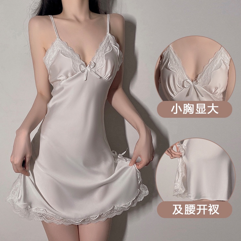 Hàng Có Sẵn!#Đầm Ngủ Hai Dây Vải Satin Phối Ren Xẻ Sâu Gợi Cảm Thời Trang Thu Đông Phong Cách Mới Dành Cho Bạn Nữ 1538