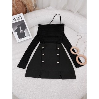 SET ÁO ĐEN CHÉO CHÂN VÁY NÚT ĐỒNG