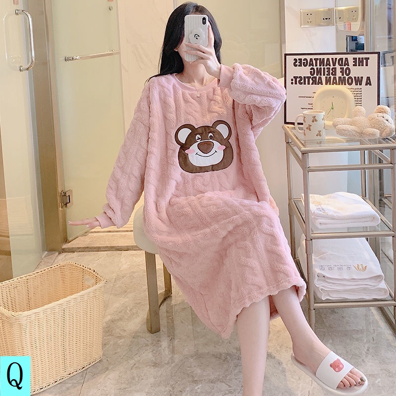 Đầm Ngủ Lông Cừu San Hô Dày Dặn Dáng Rộng Cỡ Lớn Thêu Họa Tiết Kiểu Công Chúa Xinh Xắn Thời Trang Thu Đông Cho Nữ