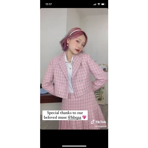 Set vest chân váy tweed hồng Charmante Studio