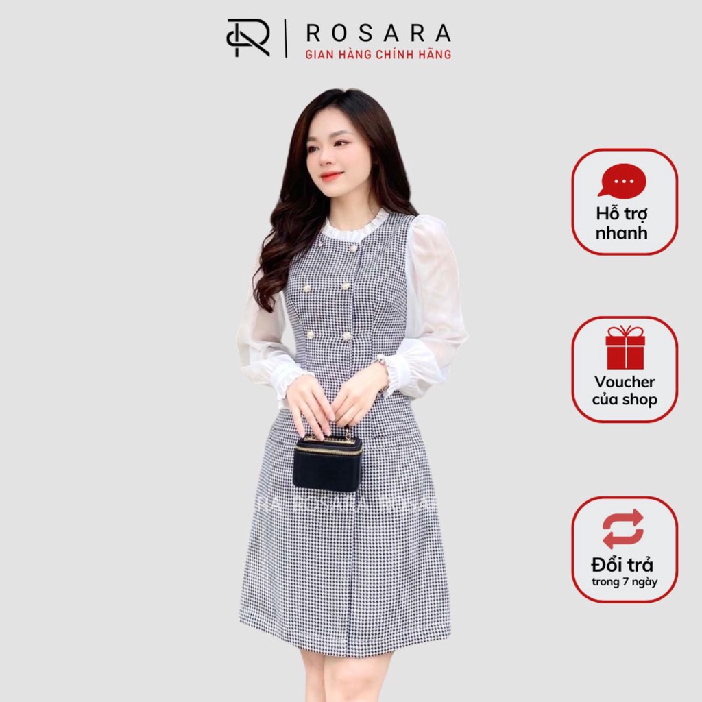 Váy Đầm Dạ Tex Dài Tay Phối Tơ Thời Trang Công Sở Nữ Rosara V68