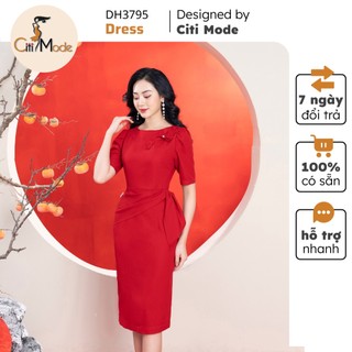 Đầm công sở CITI MODE FASHION thiết kế dáng ôm đỏ đính hoa vai phối vạt eo DH3795