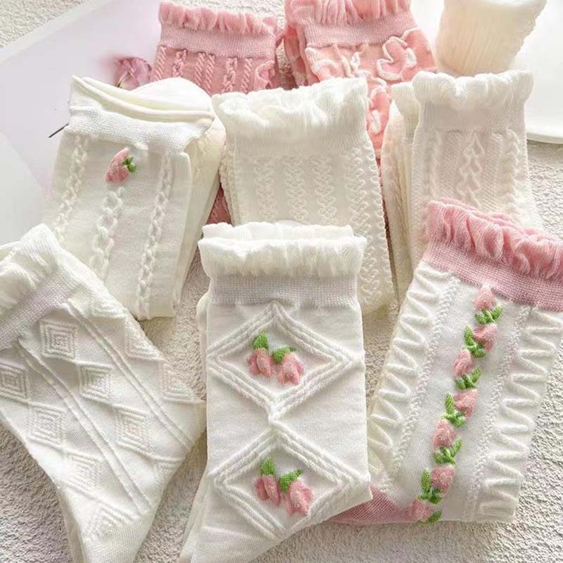 Đôi Vớ Ren Mỏng Cổ Cao Vừa Màu Hồng Dễ Thương Dành Cho Nữ