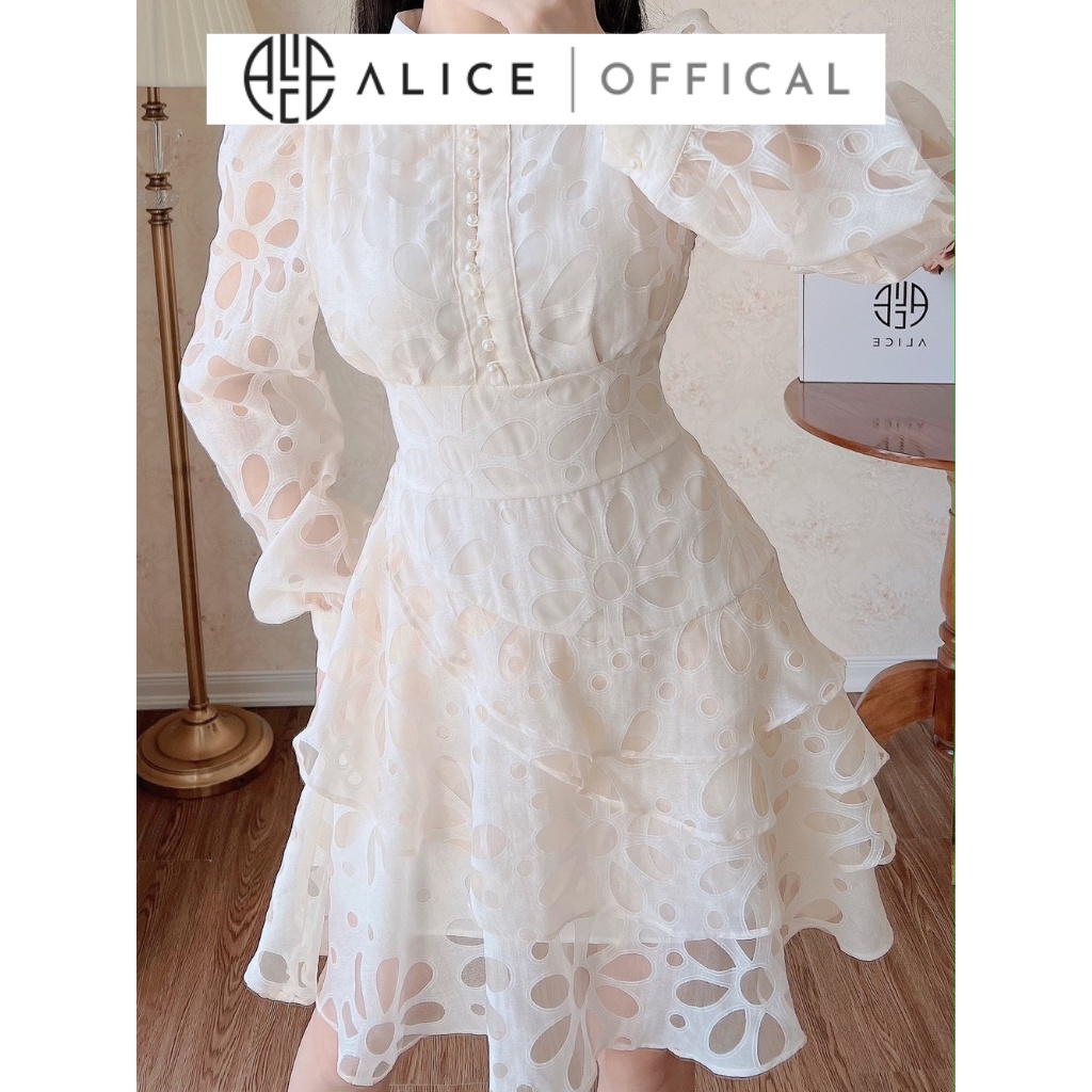 Váy Tiểu Thư Tơ Organza Cao Cấp ALICE Họa Tiết Hoa Thiết Kế Cổ Tàu Dài Tay Dáng Xòe Chiết Eo Nhiều Tầng V882