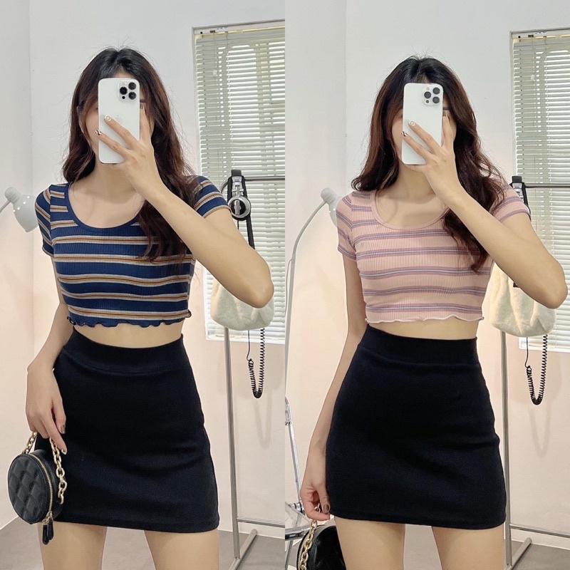 Áo Croptop Cuốn Biên Kẻ Sọc [ ẢNH THẬT 100% ]