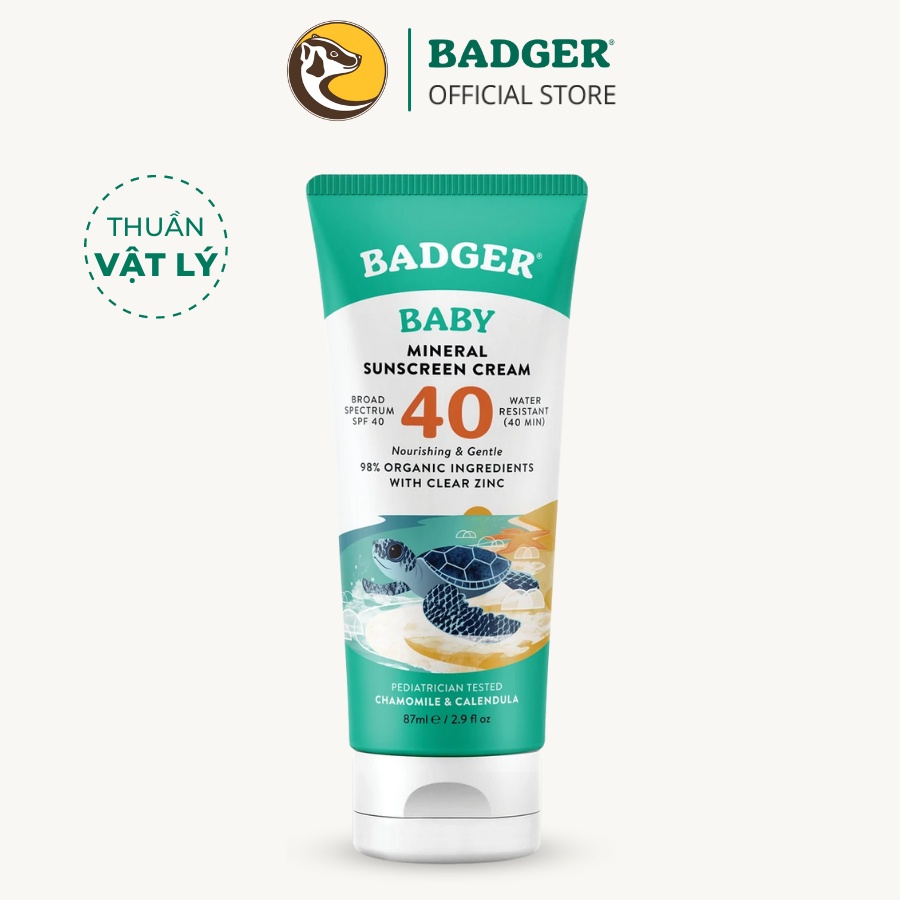 Kem chống nắng vật lý cho em bé BADGER SPF 40 Baby sunscreen cho trẻ sơ sinh 6 tháng đến 1, 2 tuổi 87mL