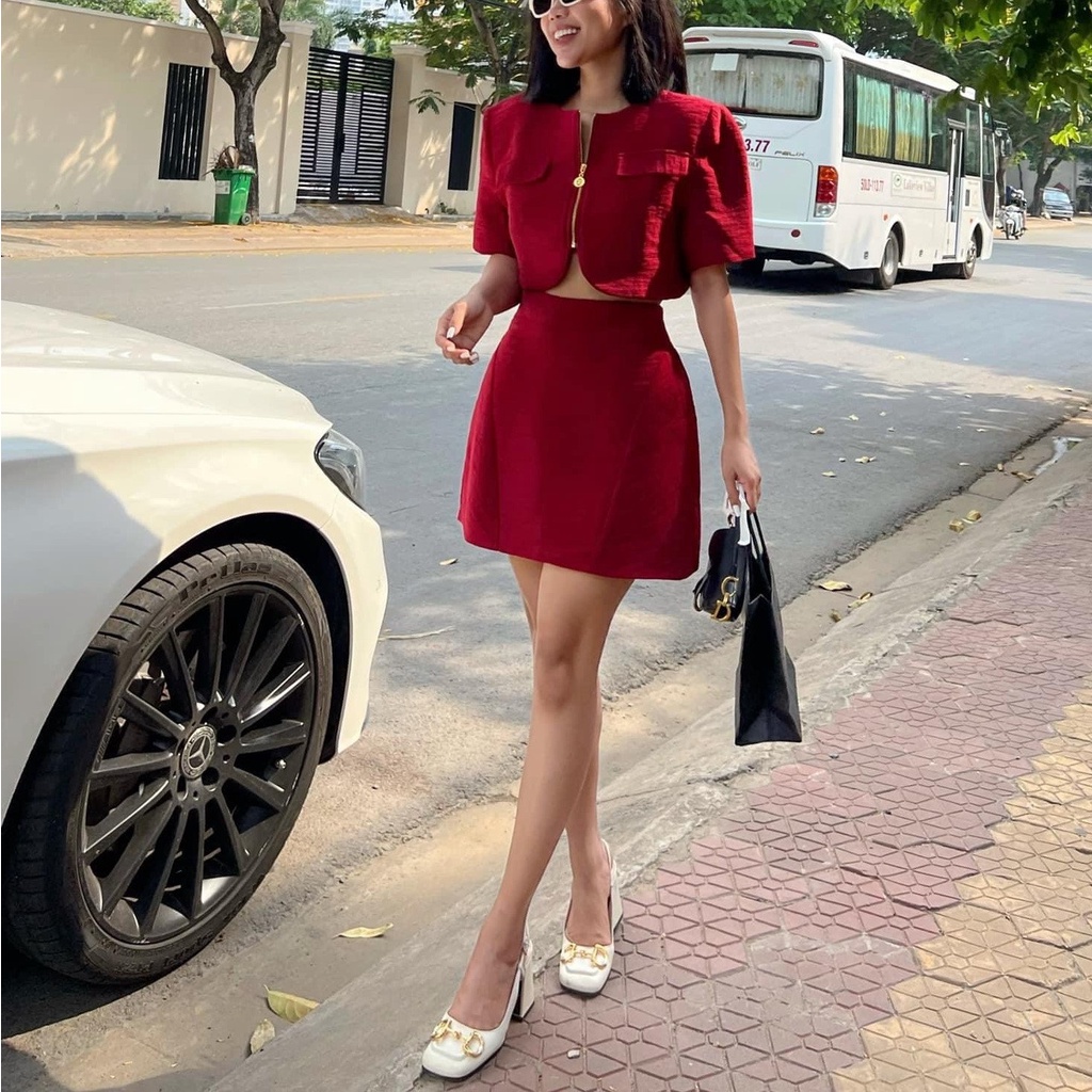 SET ÁO CROP DẠ DÂY KEO + CV CÙNG MÀU ĐỎ - ST0782