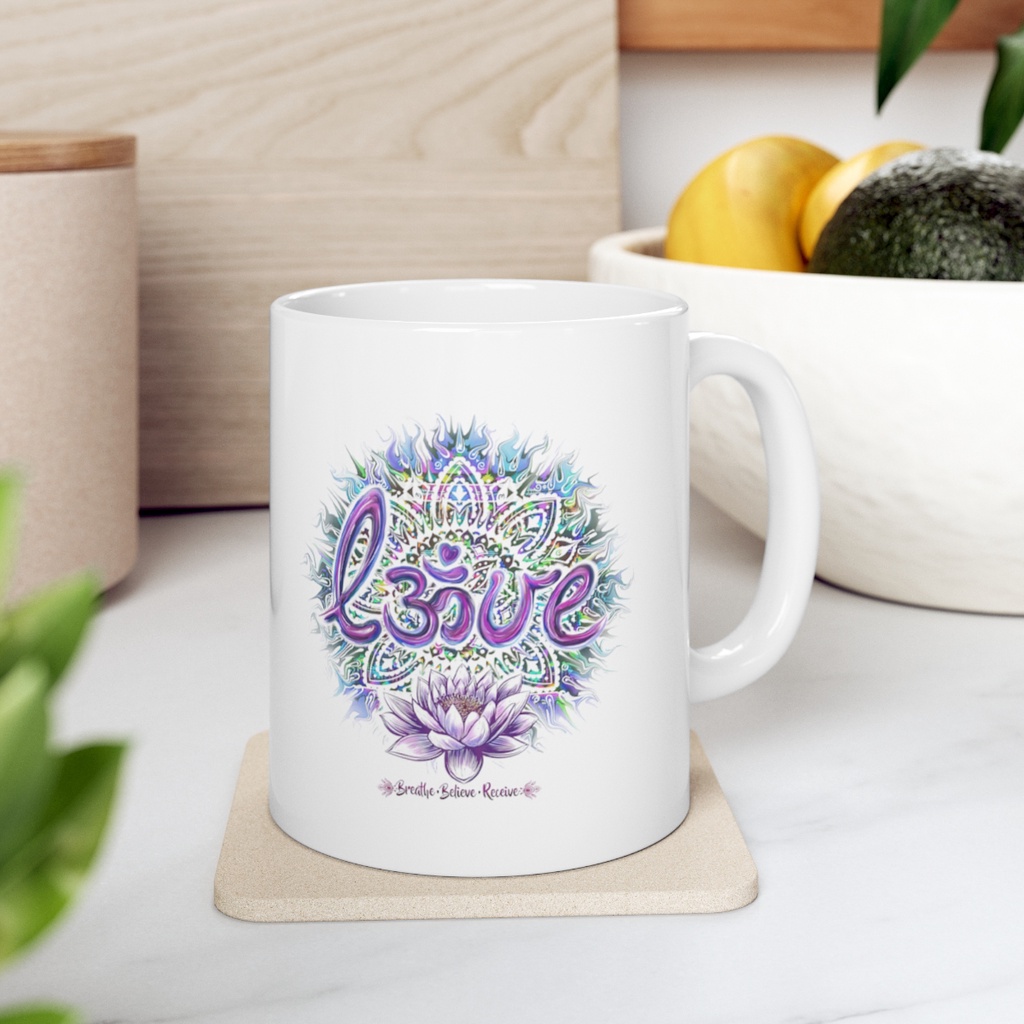 Cốc Sứ In Hình Yoga - Reiki - Thiền Với Biểu Tượng Om, Hoa Sen, Slogan Breathe - Believe - Receive