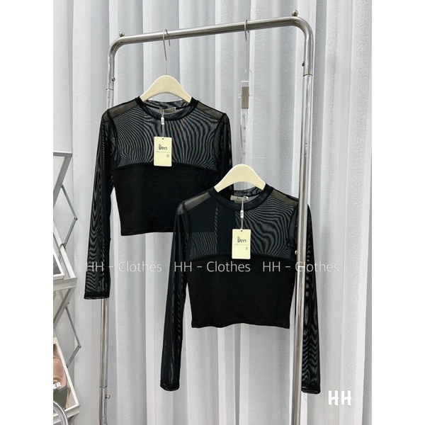 Áo Thun Croptop Phối Lưới Tay Dài Cổ Lọ