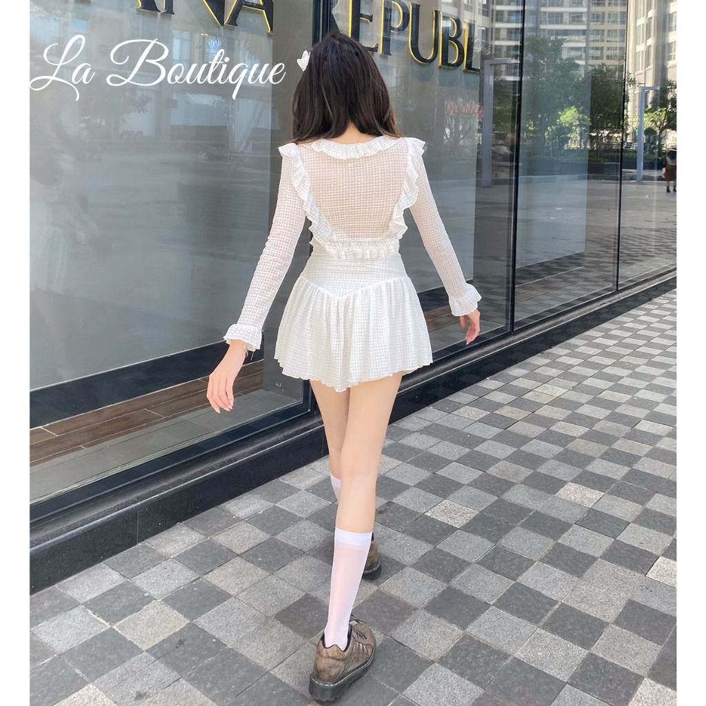 Set áo chân váy La Boutique tay dài viền bèo nữ tính xuyên thấu quyến rũ trắng và đen