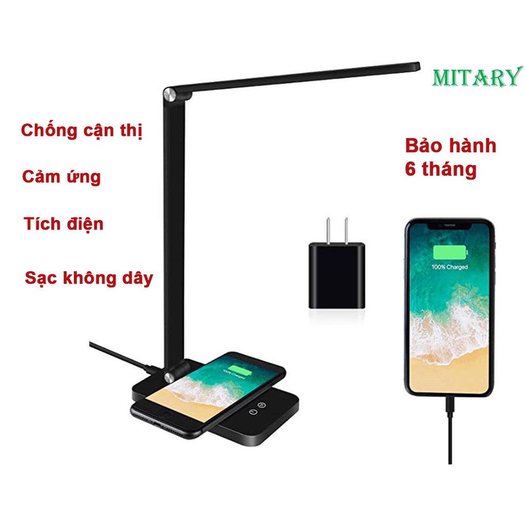Đèn bàn học LED chống cận, tích điện, sạc điện thoại không dây 10W, cảm ứng điều chỉnh ánh sáng và màu sắc