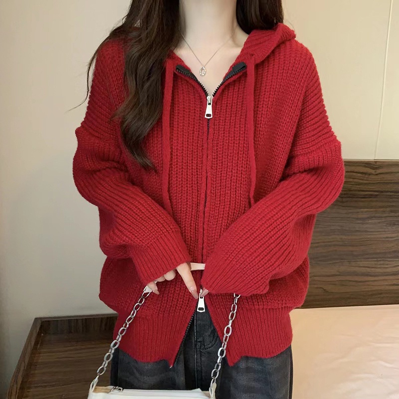 IELGY  IELGY   Áo Khoác cardigan Dệt Kim Có Mũ Trùm Phối Khóa Kéo Đôi Cho Nữ