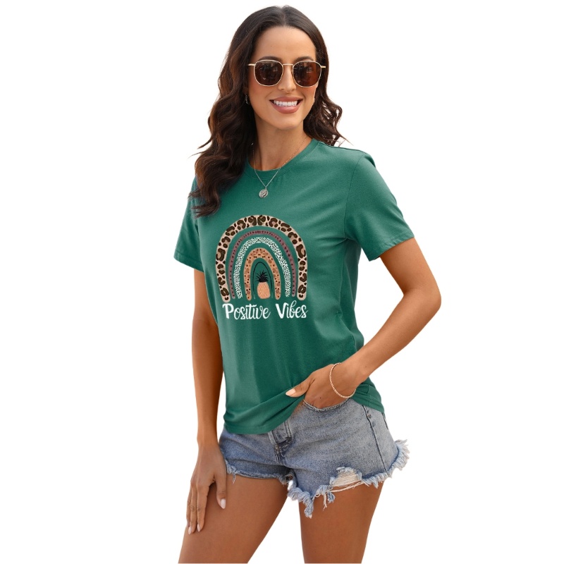 Xiangbao Áo Thun Tay Ngắn Cổ Tròn Dáng Rộng Hình Quả Dứa Và Chữ Màu Cầu Vồng Đơn Giản Dễ Thương Cho Nữ Bl