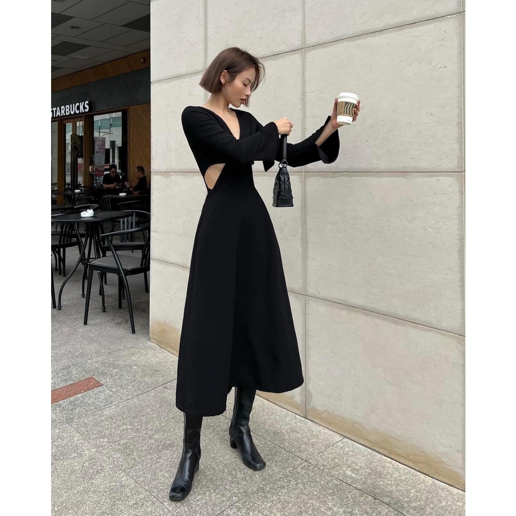 Váy Cổ V Khoét Eo, Đầm Body Tay Dài Cut Out, Váy Maxi Midi Dáng Dài Khoét Eo Màu Đen - Do Do Dress