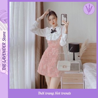 Đầm Dạ Hồng Nút Ngọc Phối Áo Sơ Mi Cổ Bèo Ren Trắng, Đầm Tweed Nữ Tay Dài Tiểu Thư Sang Chảnh