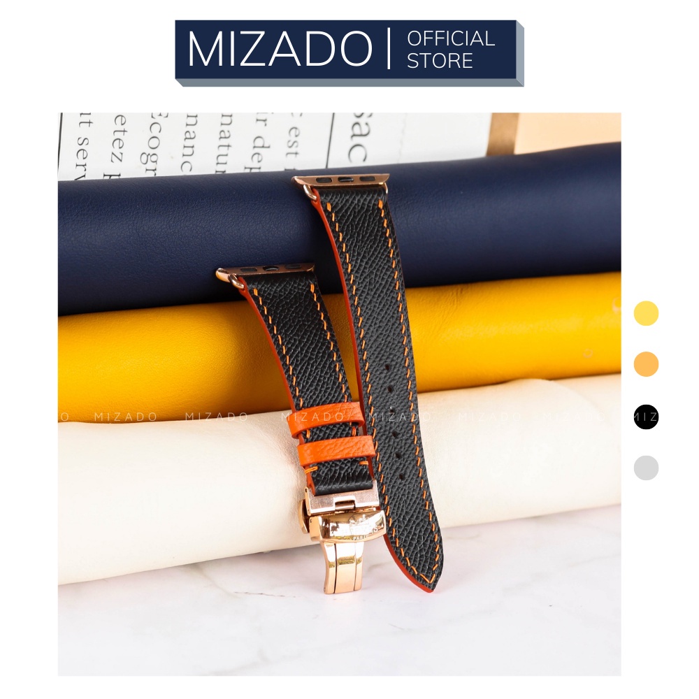 Dây da thủ công Epsom Đen Mix Cam dành cho đồng hồ iWatch, đồng hồ thông minh, đồng hồ cơ MIZADO DDTC118
