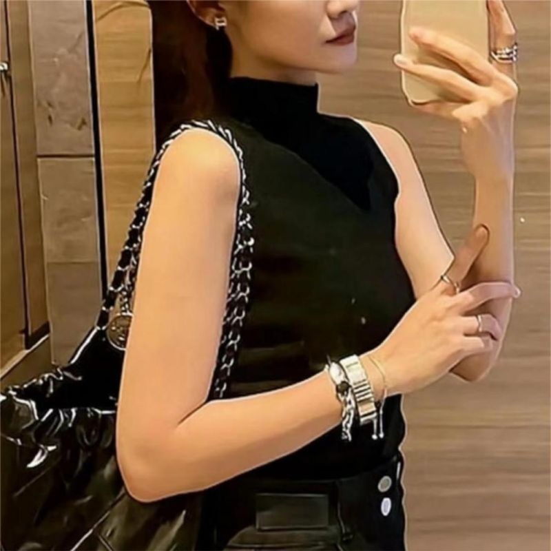 Áo Tank Top Dệt Kim Cổ Lọ Không Tay Màu Sắc Đơn Giản Cho Nữ