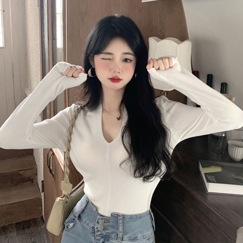 Áo thun XINLANYASHE tay dài cổ chữ V thời trang quyến rũ cho nữ