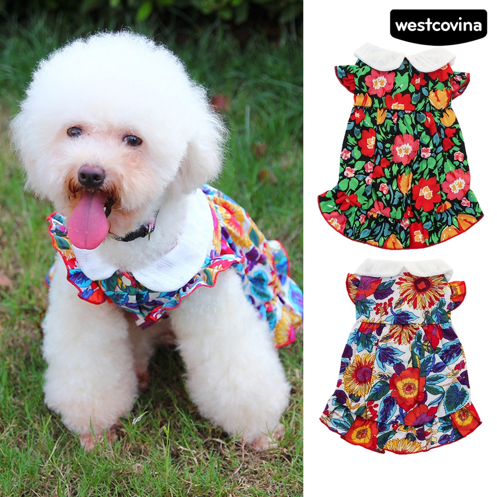 [COD]♘Đầm Tay Ngắn Cổ Búp Bê In Hoa Thoáng Khí Thời Trang Cho Thú Cưng