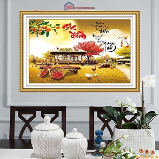 Tranh đính đá LV389 (75cm x 55cm), tranh thêu chữ thập gia đình hạnh phúc LV3302 (63cm x 47cm)