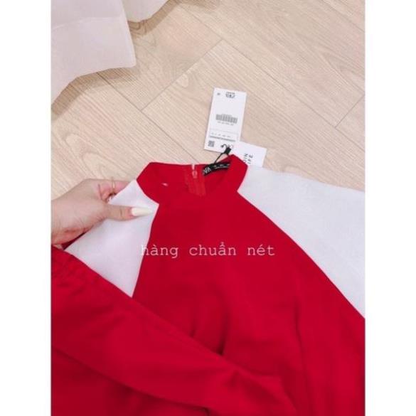 Áo dài tết nữ LASEN, Áo dài cách tân đỏ phối tay voan trắng kèm quần suông có size vải giãn