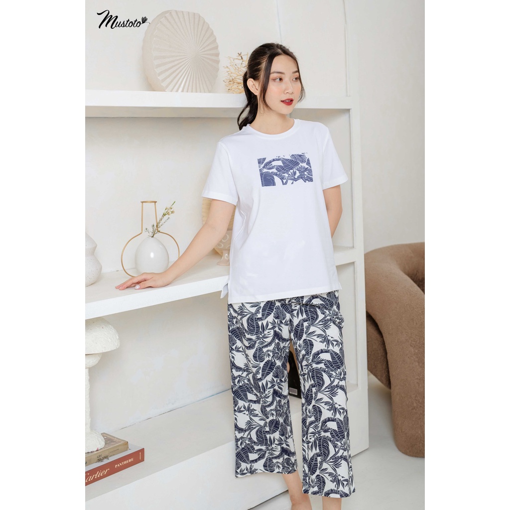 Bộ Mặc Nhà Áo Thun 100% Cotton Form Rộng Quần Dài Linen (Mustoto MB09)