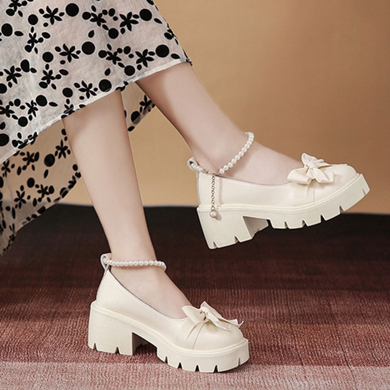 Giày Mary Jane Anh Quốc Đế Dày Đính Nơ Và Ngọc Trai Bằng Da Cao Cấp Thoải Mái Thời Trang Dành Cho Nữ