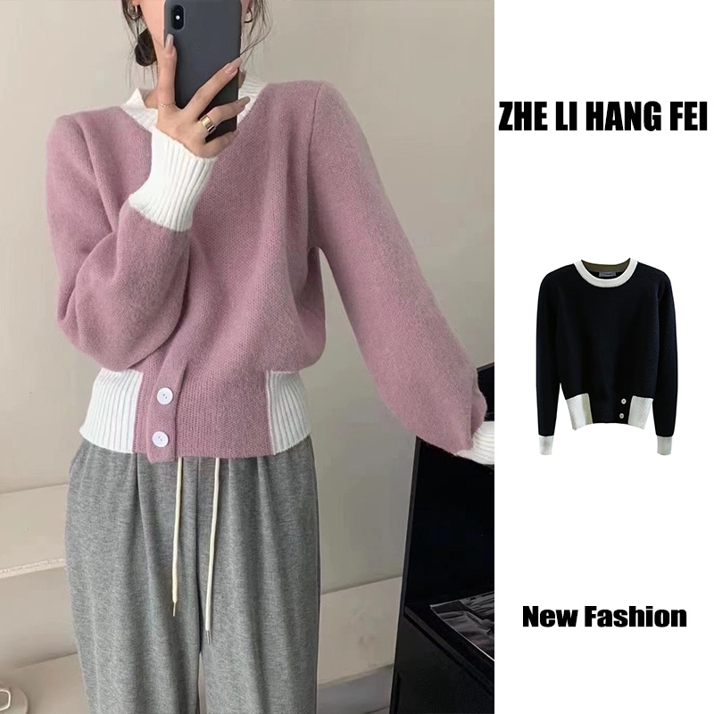 Áo kiểu ZHELIHANGFEI dệt kim tay dài cổ tròn viền ôm dáng thời trang dễ phối đồ tùy chọn màu sắc dành cho nữ