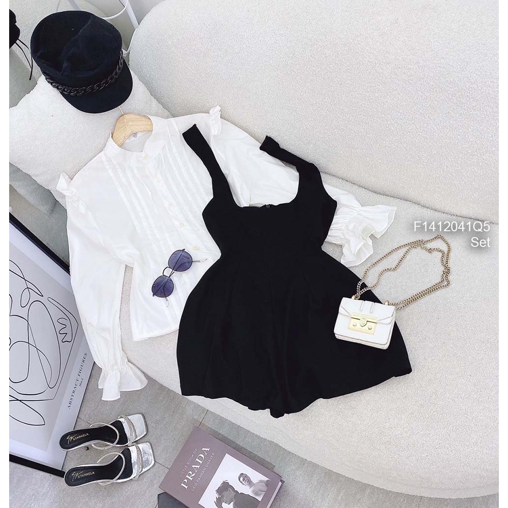 Set đầm xòe dáng dài cổ tròn tay ngắn phối áo yếm jean croptop TOMMIU SHOP