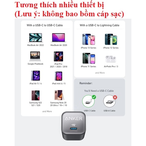 Cốc sạc nhanh 1 cổng C 30W chân xếp Anker 511 Nano 3 A2147