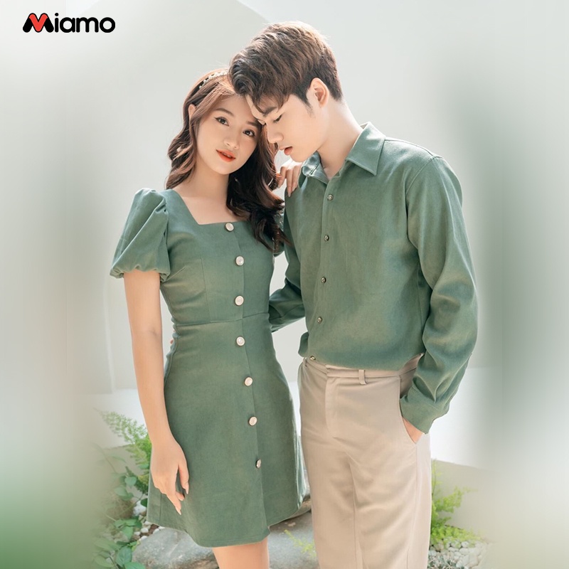 Set đồ đôi áo sơ mi nam - đầm nữ xanh cao cấp thiết kế hàn thời trang Miamo MO25