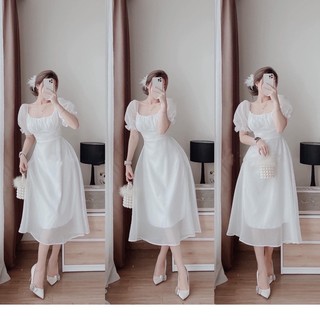 Váy Trắng Cổ Vuông Tay Bồng Dáng Dài HT36 HaLuu Store Phù Hợp Cho Nữ