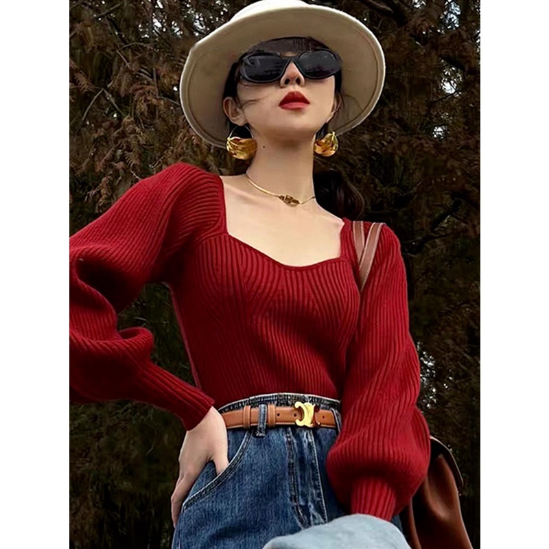 MELVILLE Áo len nữ tay dài Cổ chữ U chất dày dặn cực ấm Siêu Xinh ( Có Bigsize), Áo Sweater Dệt Kim Ôm quần áo mùa thu đông nữ