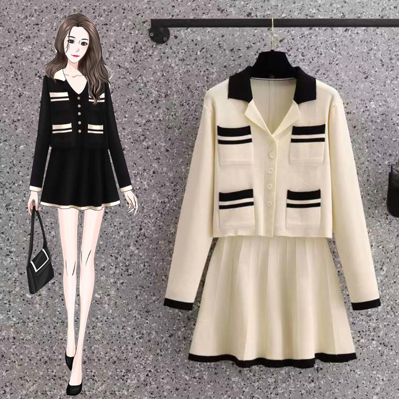 🌸Hàng Order(Sẵn 3XL,4XL)🌸Sét Váy Đầm Bigsize Len Tăm Áo Cổ Sơ Mi Đính Cúc Ngọc Phối Váy Xòe Viền Trắng 🌸Hàng Quảng Châu