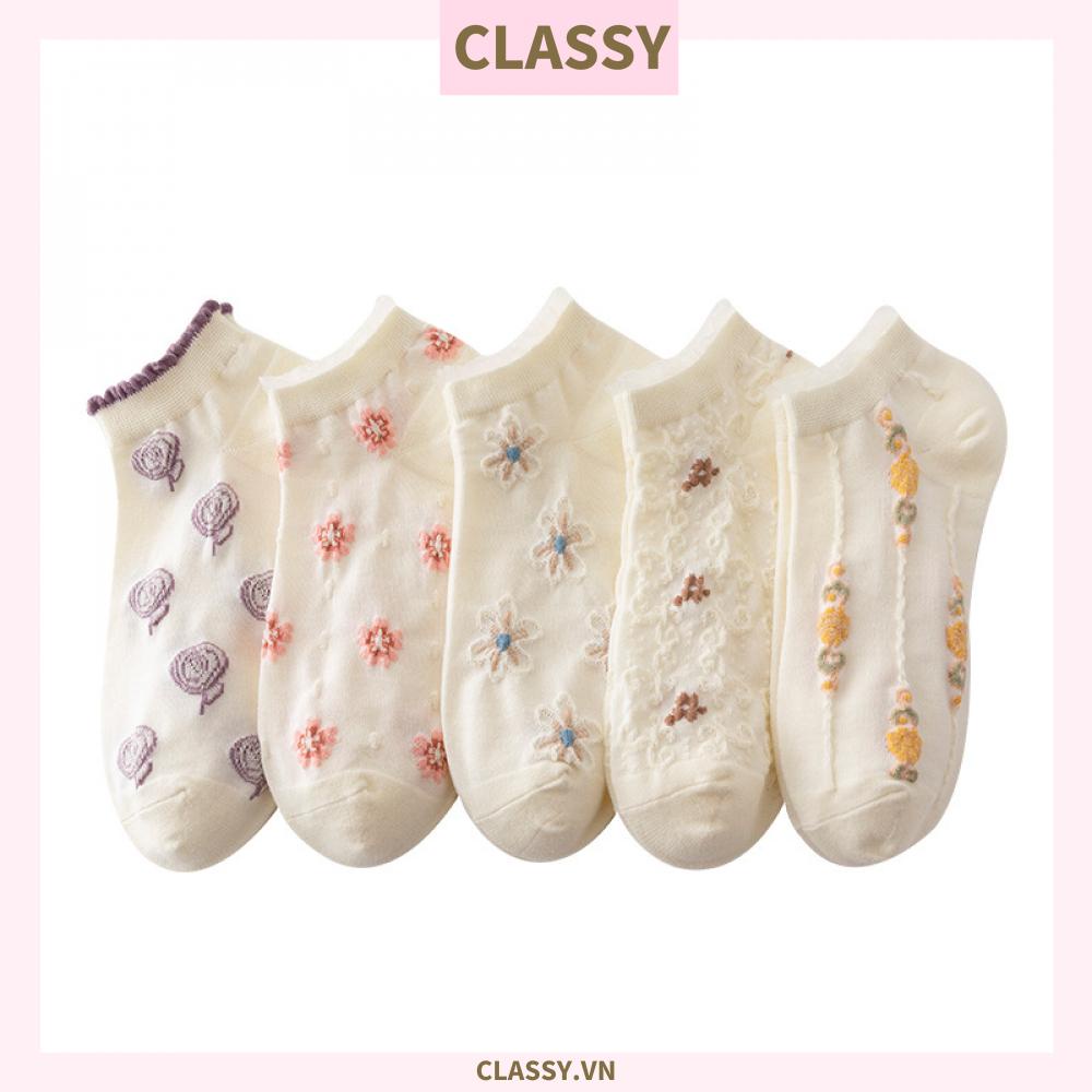 Classy Tất cổ thấp, vớ cổ thấp màu kem họa tiết hoa ngẫu nhiên G1362