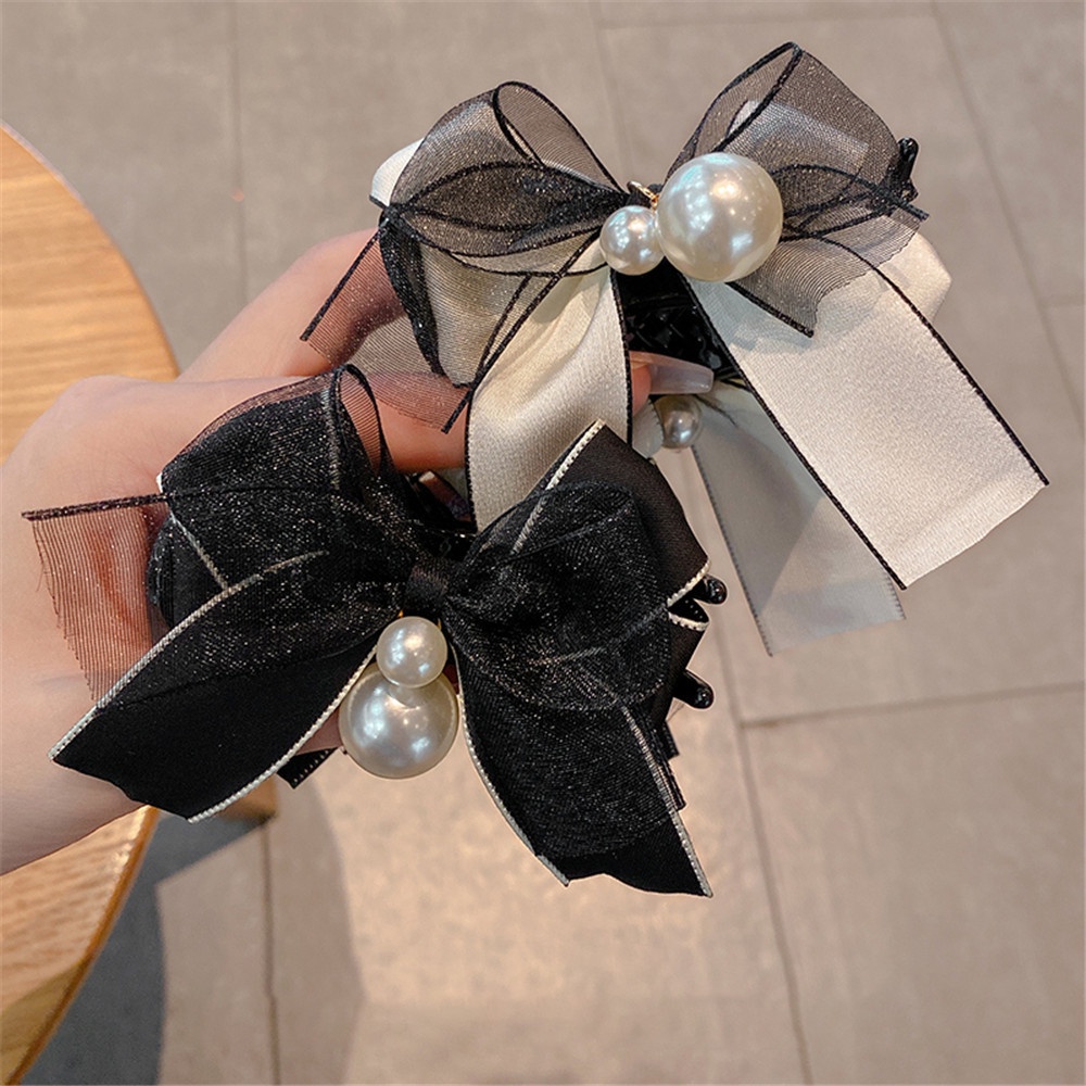 1 Kẹp Tóc Nơ Ren Đính Ngọc Trai Cho Nữ