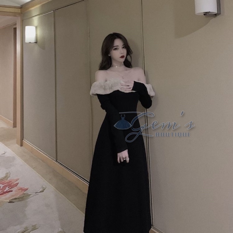 VÁY ĐẦM DÀI TAY TRỄ VAI  PHỐI LÔNG ẤM MỊN SANG CHẢNH