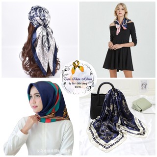 Khăn lụa vuông 90x90cm màu xanh họa tiết,Bandana choàng cổ, đi biển, làm áo Yếm Milana