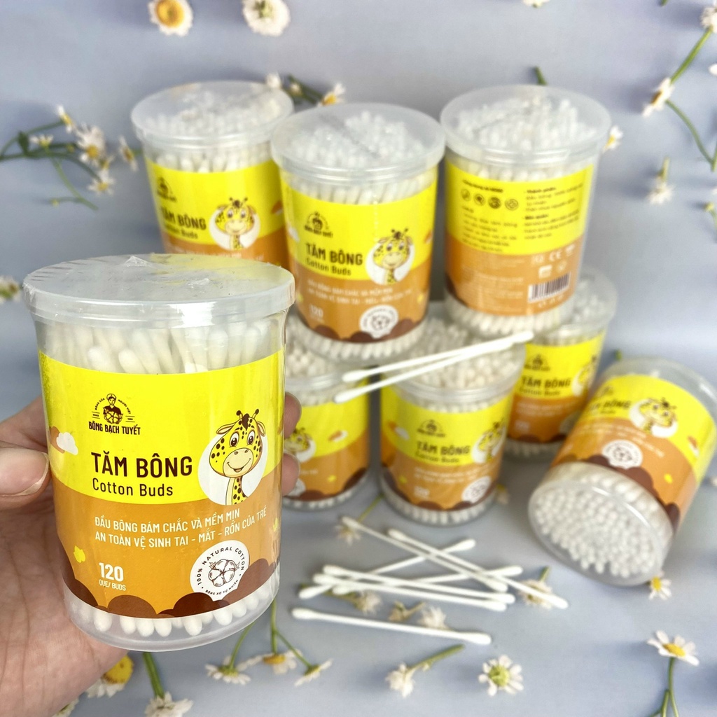 Tăm Bông Cho Bé 120 QUE HỘP TRÒN XOAY COTTON BUDS chính hãng BÔNG BẠCH TUYẾT