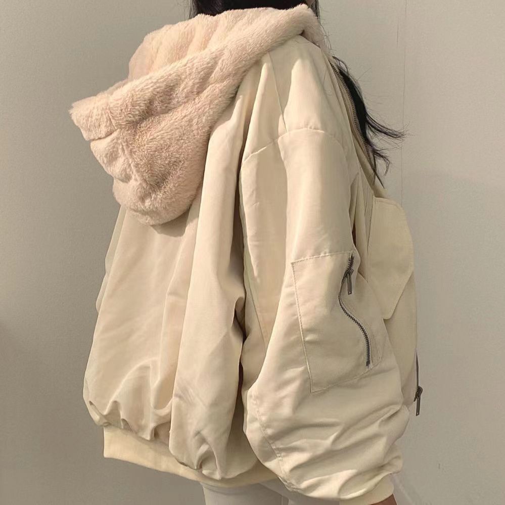 Áo Khoác Đệm Cotton Hai Mặt Có Nón Lông Cừu Dày Dặn Dáng Rộng Thời Trang Mùa Đông Cho Nữ