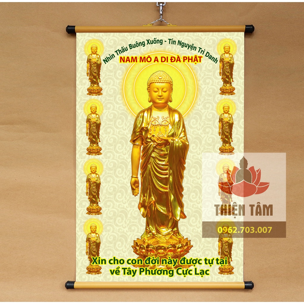 Tranh Phật A Di Đà (nền vàng) 40x60cm bằng vải phủ bóng cao cấp dày dặn