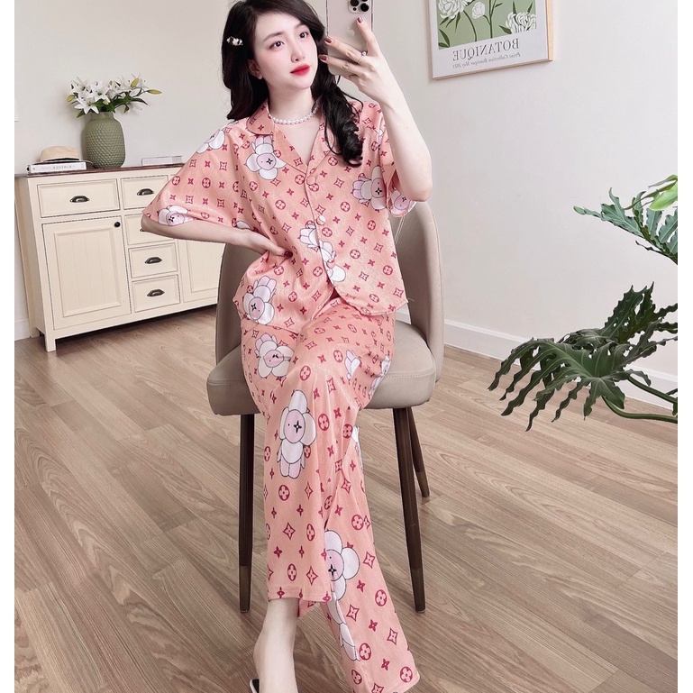 Bộ Nữ Pijama SOJJUN Đồ Mặc Nhà Quần Dài Tay Ngắn Lụa Xước Tô Châu Cao Cấp 40-62kg