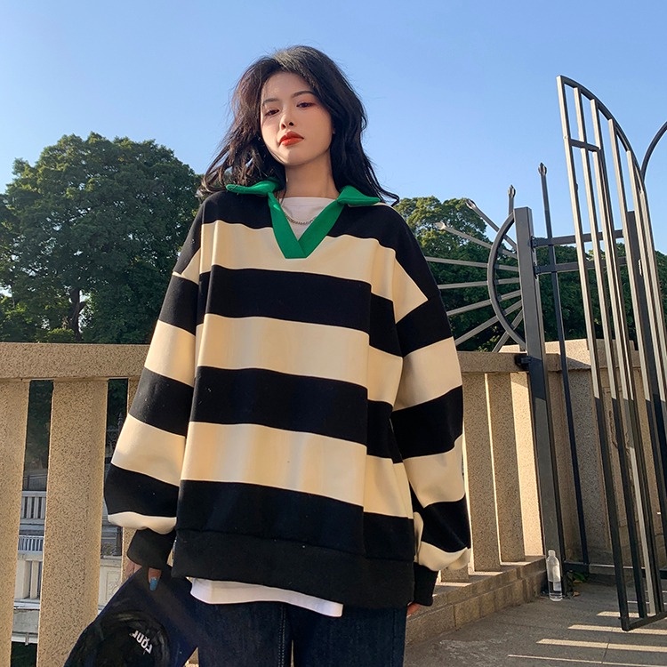ZHELIHANGFEI Áo Thun Tay Dài Cổ Chữ V Kẻ Sọc Ngang Dáng Rộng Trẻ Trung Phong Cách Hàn Quốc