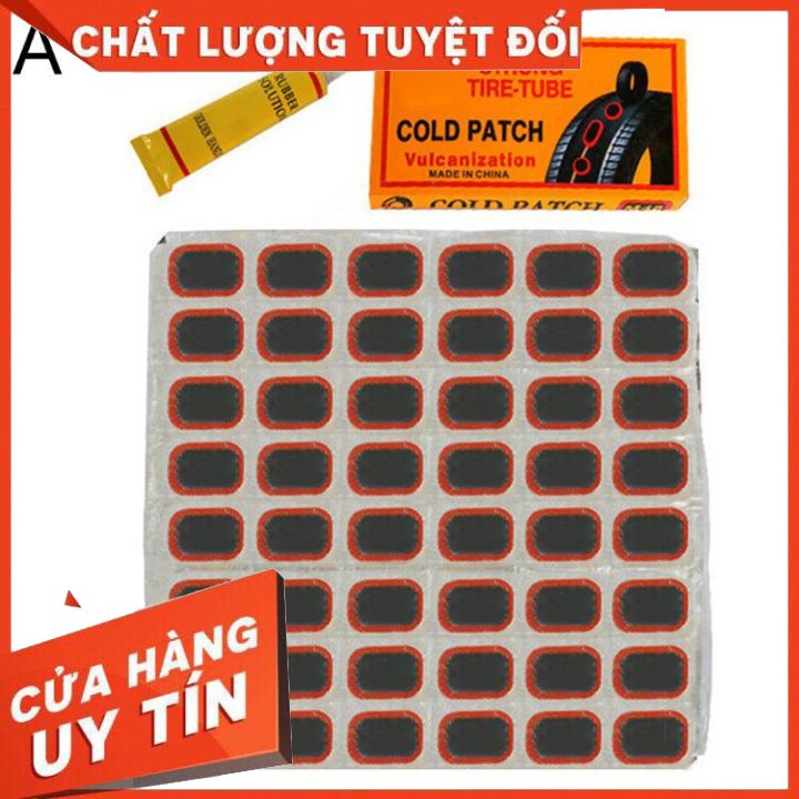 Hộp 24-48 Miếng Keo Dán Cao Su Và Chai Keo Vá Ruột Xe Đạp -Xe Máy Tặng 1 Miếng Giấy Nhám