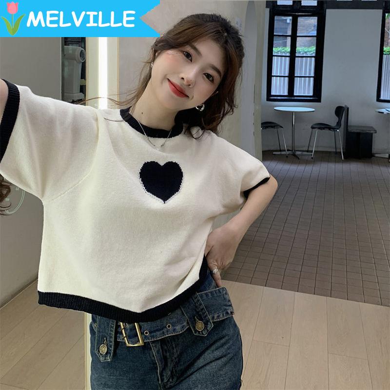 MELVILLE Áo Thun Dệt Kim Tay Ngắn Dáng Rộng Thêu Hình Trái Tim Màu Trắng Đen Thời Trang Mùa Hè 2023 Dành Cho Bạn Nữ